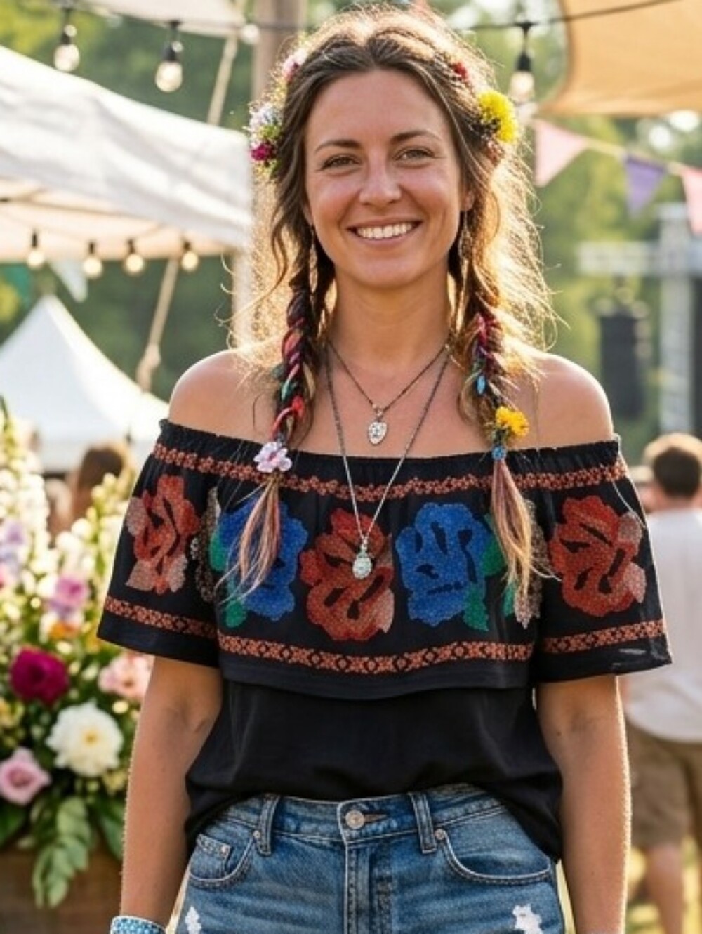 FREE PEOPLE🌼Black with CROSS STITCH FLOWERS Wear On or Off Shoulder COTTON Sz M